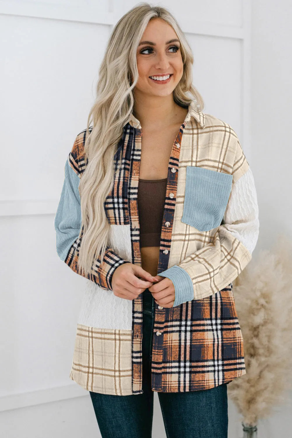 Blue Plaid Color Block Patchwork Shirt Jacket with Pocket - Chic Meadow Boutique 