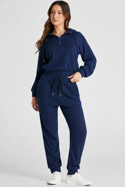 Navy Blue Ribbed Knit Cropped Hoodie and Drawstring Joggers Set - Chic Meadow Boutique 