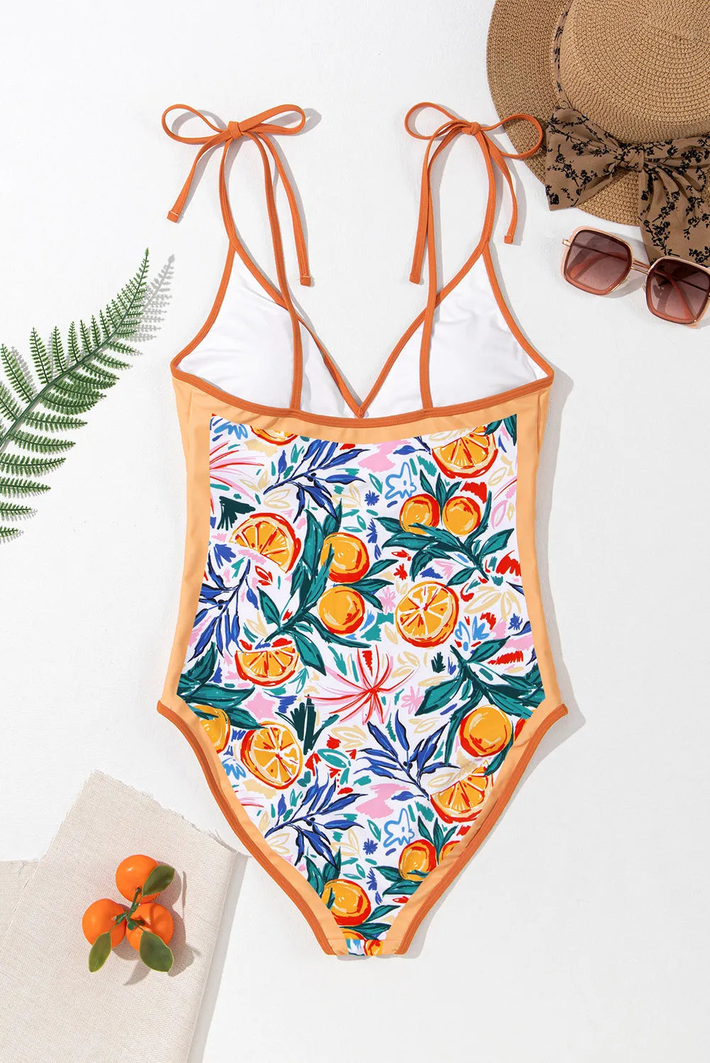 Orange Fruit Plant Print Tied Straps V Neck One Piece Swimsuit - Chic Meadow Boutique 