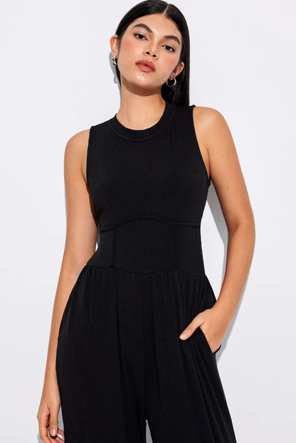 Black Cinched Waist Sleeveless Wide Leg Jumpsuit - Chic Meadow Boutique 