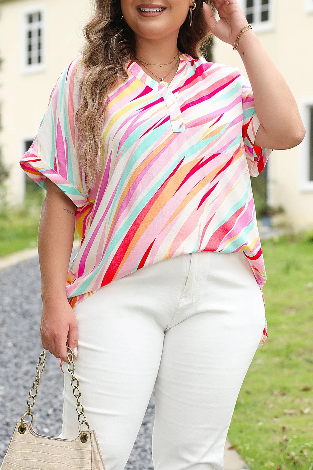 White Abstract Print Short Sleeve Notched Neck Plus Size Top - Chic Meadow Boutique 