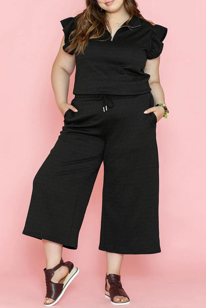 Black Plus Ruffled Sleeve Quarter Zip Top Wide Leg Pants Set - Chic Meadow Boutique 