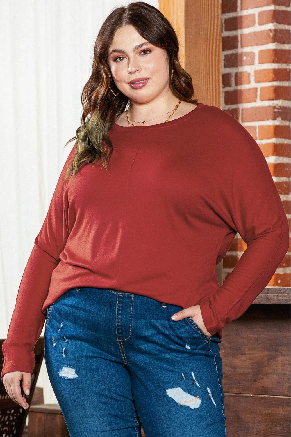 Red Dahlia Piping Detail Plus Size Long Sleeve Top - Chic Meadow Boutique 