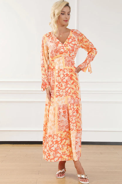 Orange Boho Floral Wrap V Neck Tie Long Sleeve Dress - Chic Meadow Boutique 