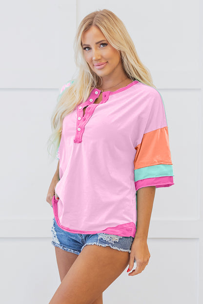 Pink Solid Color Half Sleeve Buttons Henley Top