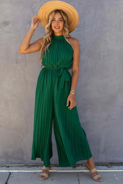 Green Halter Neck Pleated Wide Leg Jumpsuit with Belt - Chic Meadow Boutique 