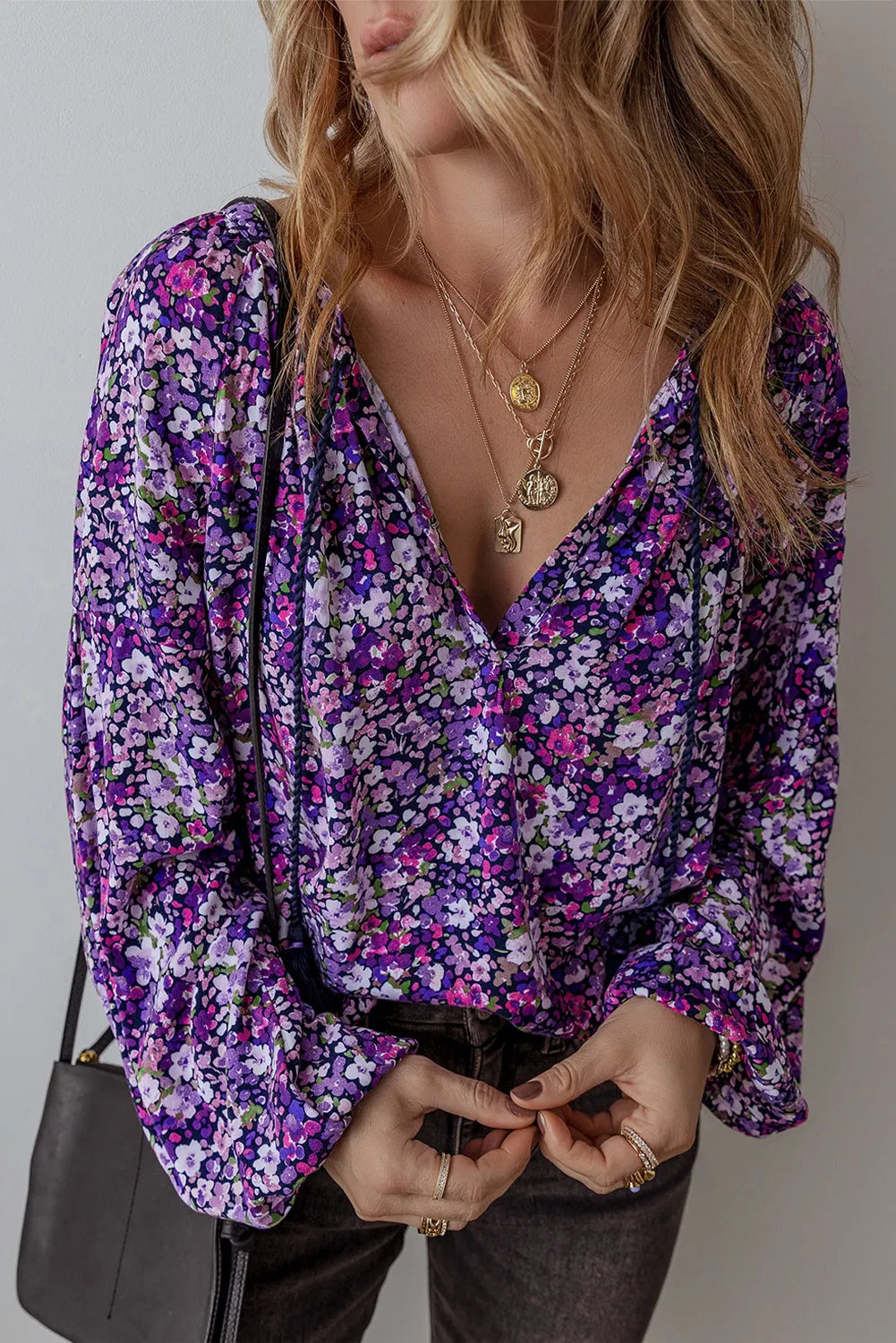 Purple Boho Flower Split V Neck Bubble Sleeve Blouse - Chic Meadow Boutique 