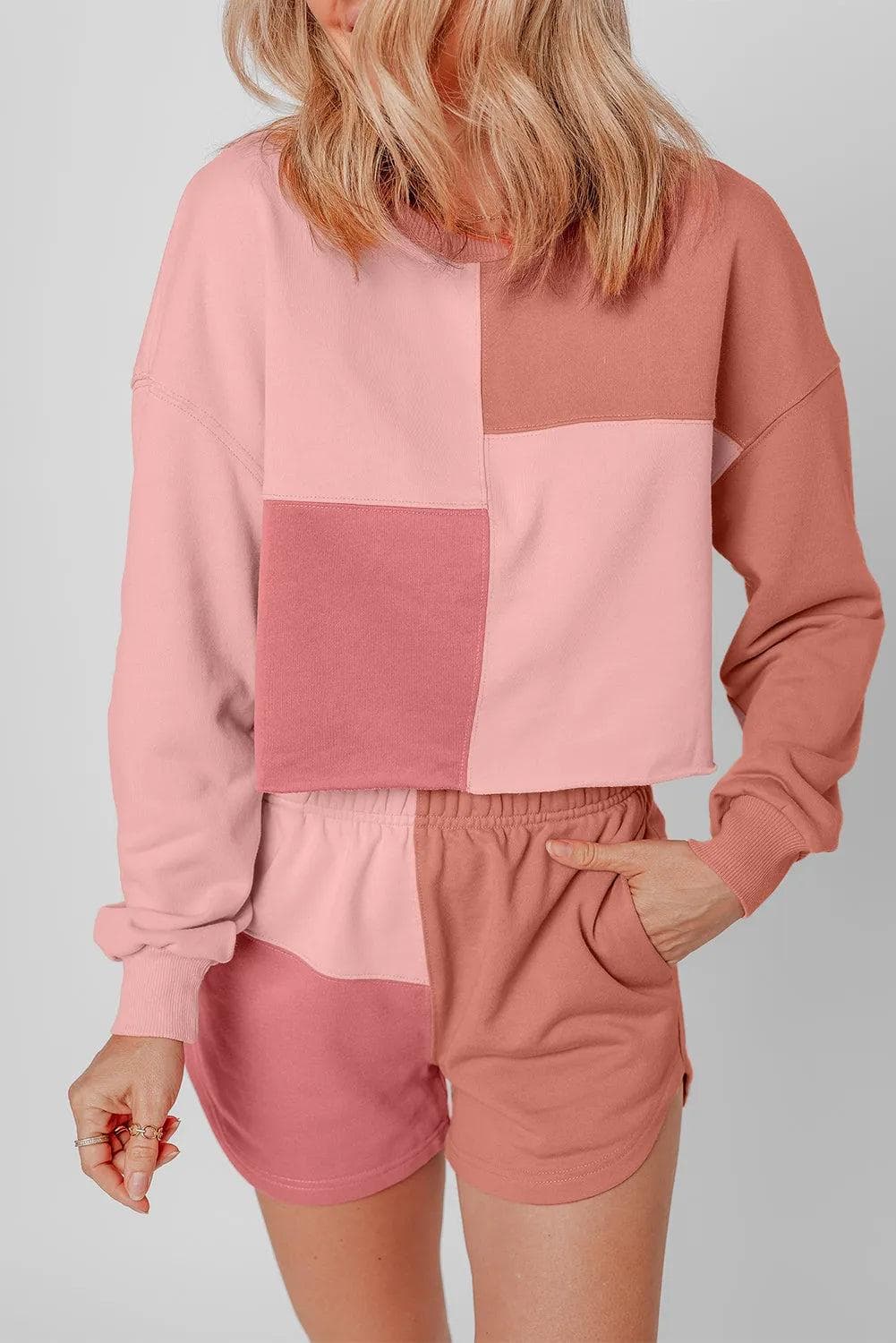 Peach Blossom Colorblock Patchwork Long Sleeve Shorts Outfit - Chic Meadow Boutique 