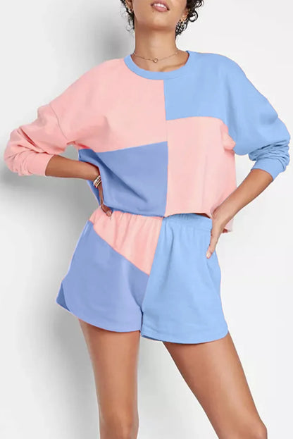 Sky Blue Colorblock Patchwork Long Sleeve Shorts Outfit - Chic Meadow Boutique 