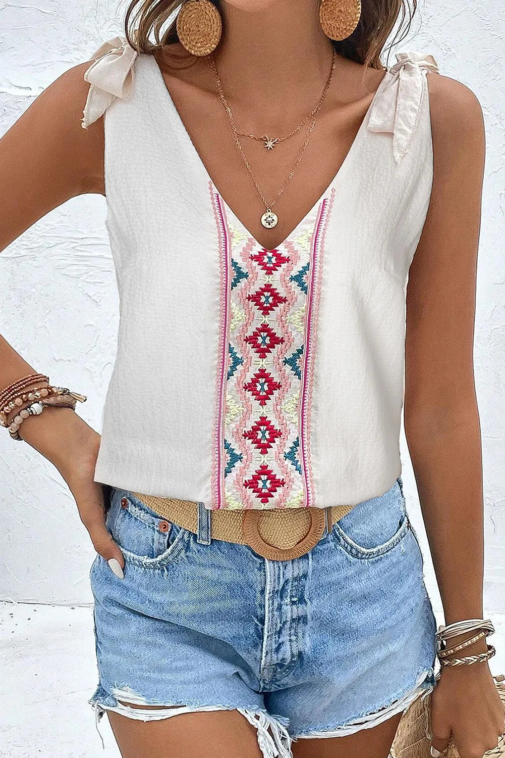 White Floral Embroidered Knot Straps Textured Tank Top - Chic Meadow Boutique 