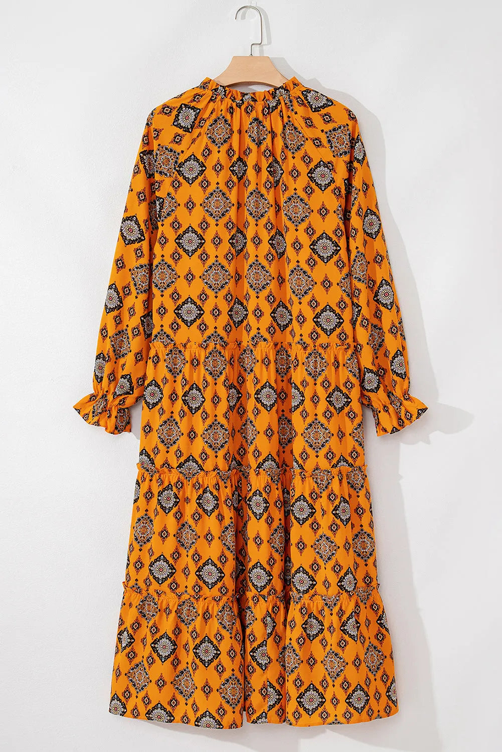 Orange Western Geometric Print Tiered Frilled Loose Fit Midi Dress - Chic Meadow Boutique 