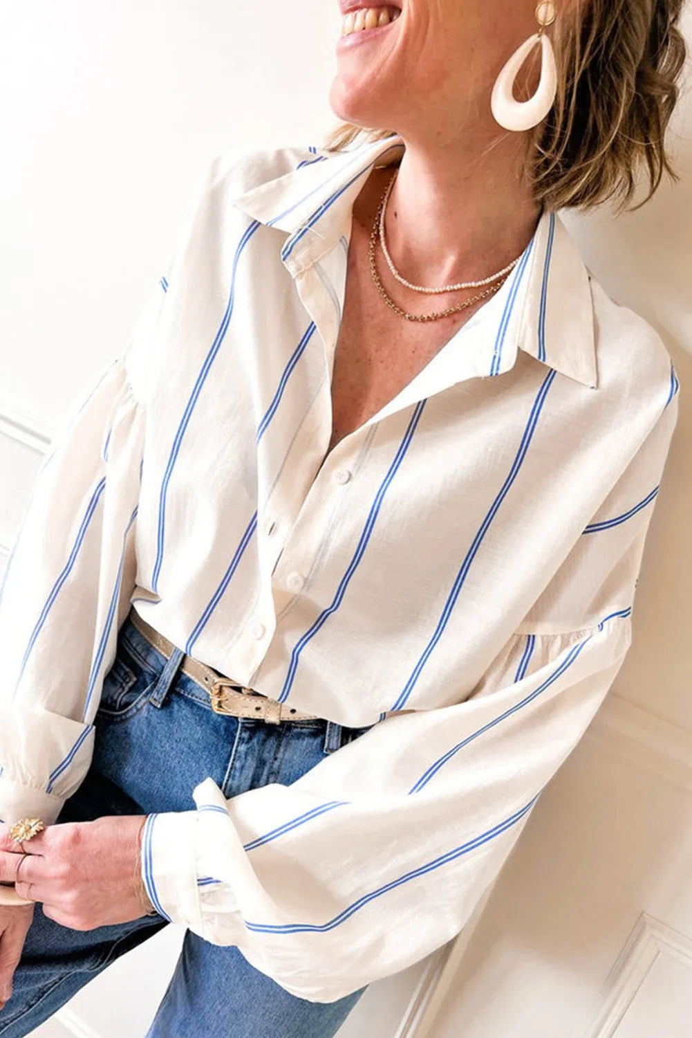 Sky Blue Stripe Drop Shoulder Bubble Sleeve Loose Shirt - Chic Meadow Boutique 