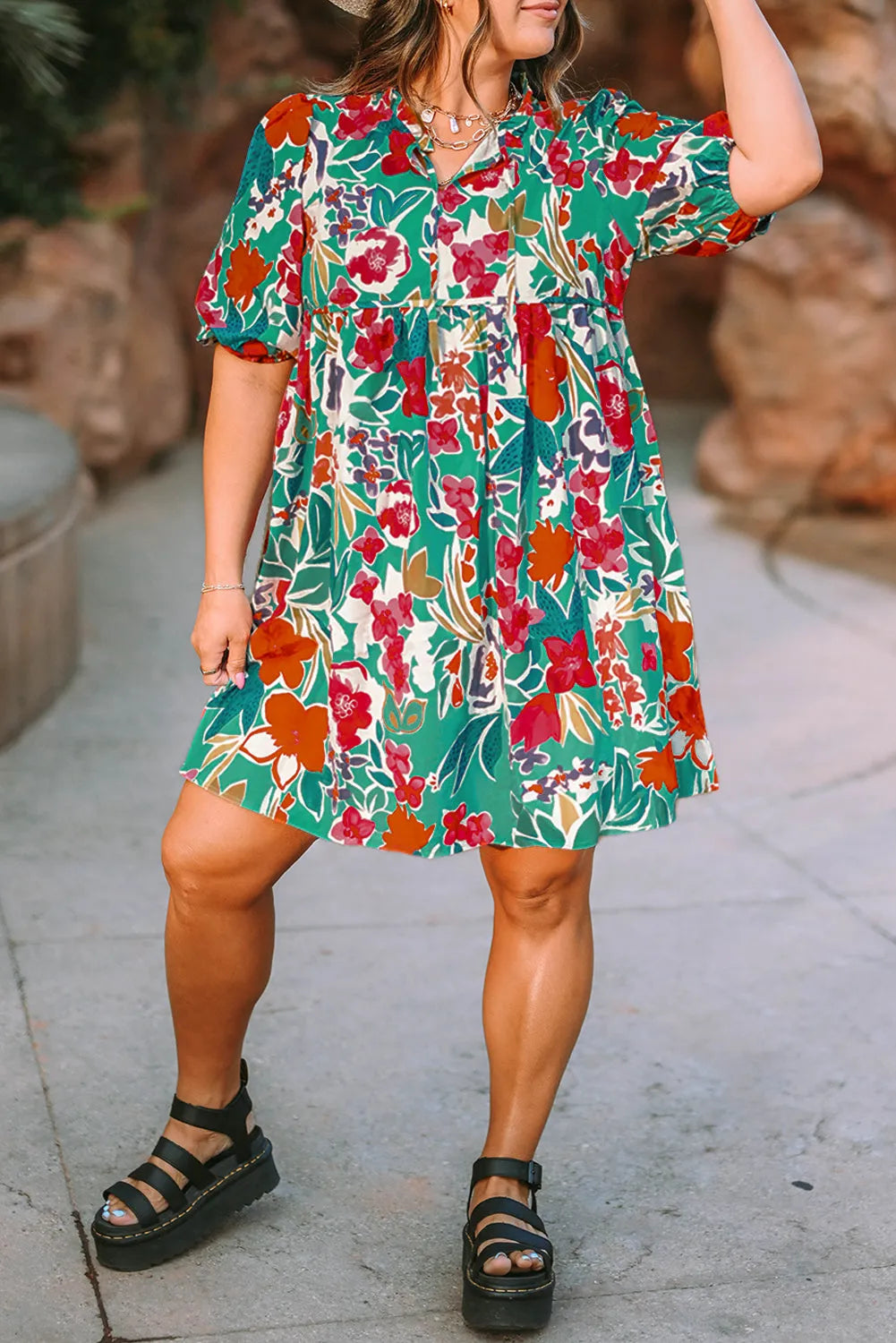 Sky Blue Plus Size Floral Print Puff Sleeve Tie Neck Babydoll Dress - Chic Meadow Boutique 