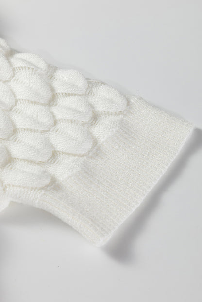 White Fish Scale Textured Knit Ribbed High Neck Short Sleeve Sweater