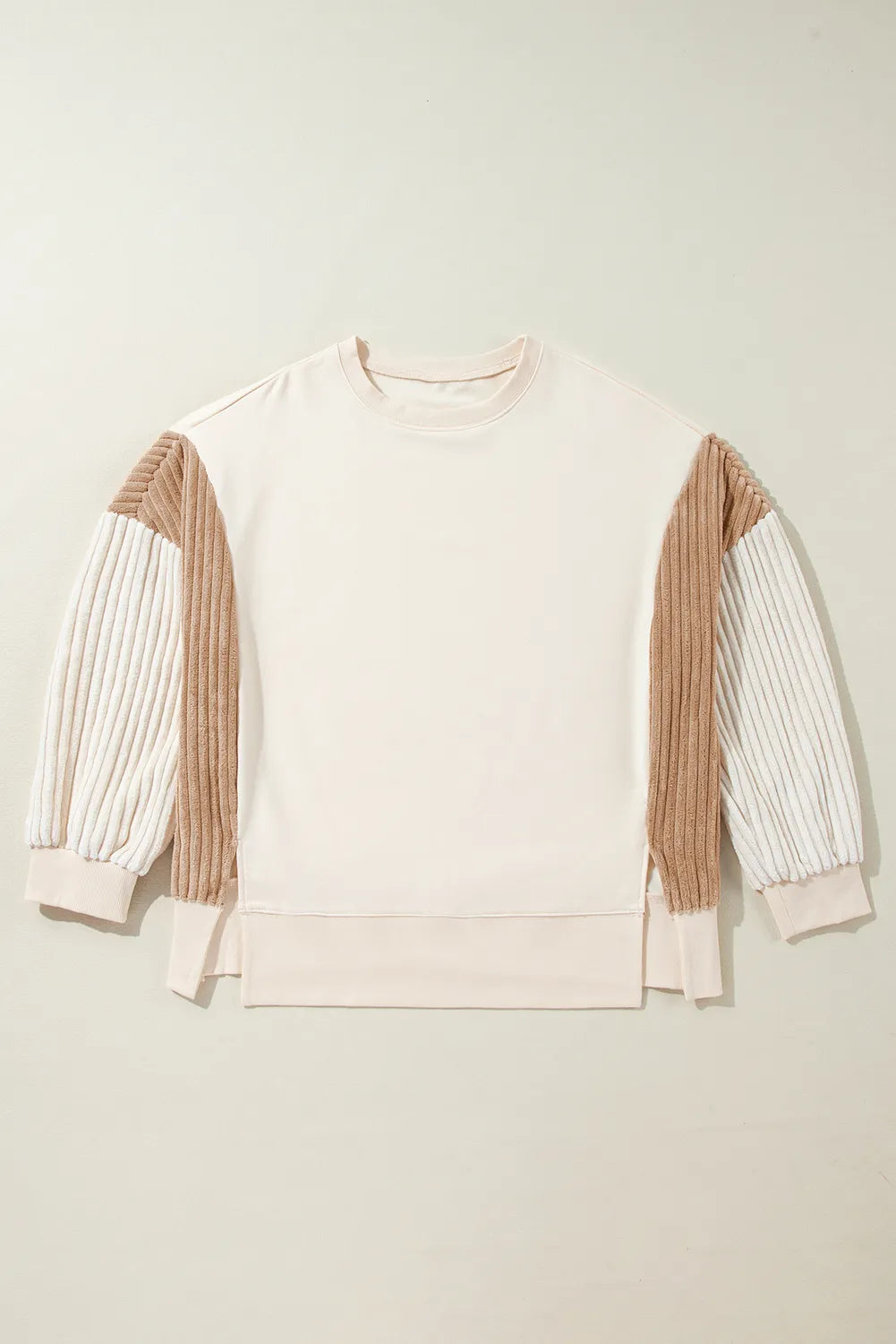 Apricot Corduroy Patchwork Drop Shoulder Long Sleeve Sweatshirt - Chic Meadow Boutique 