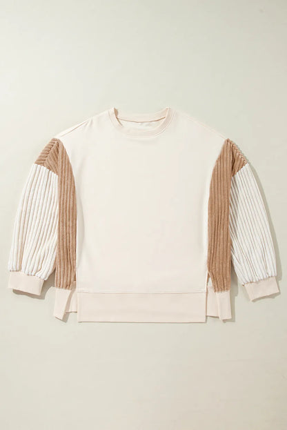 Apricot Corduroy Patchwork Drop Shoulder Long Sleeve Sweatshirt - Chic Meadow Boutique 