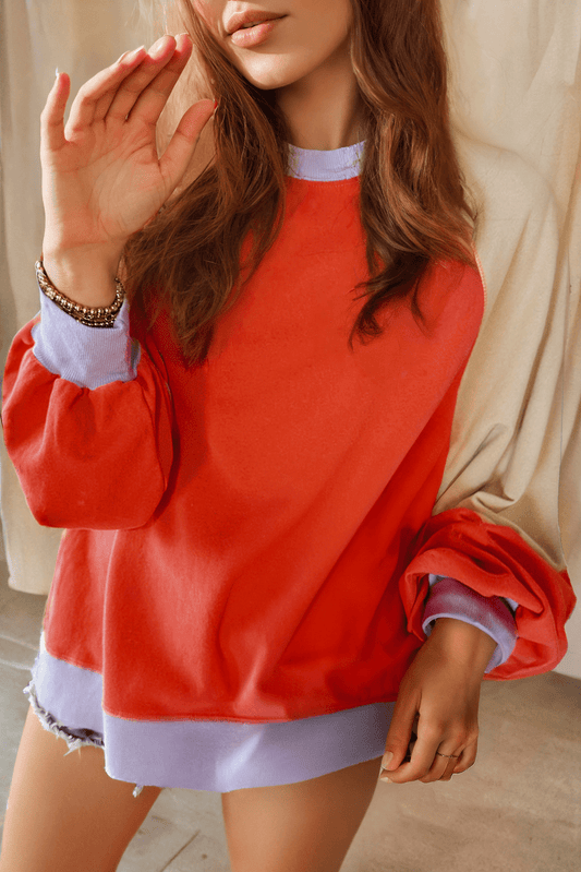 Tops/Long Sleeve Tops Orange / S / 70%Polyester+30%Cotton Orange Color Block Side Slits Raglan Sleeve Loose Fit Top