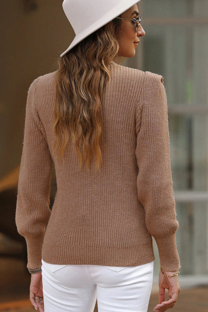 Brown Braided Notched V Neckline Puff Sleeve Knitted Sweater - Chic Meadow Boutique 