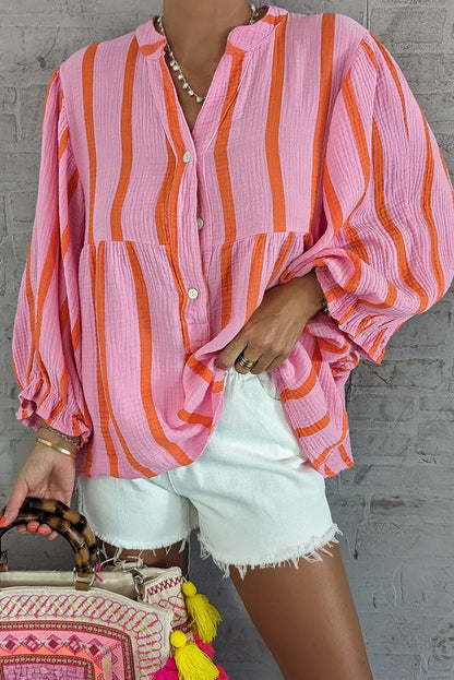 Orange Stripe Crinckled Ruffled Sleeve Button up Loose Shirt - Chic Meadow Boutique 