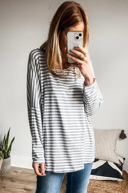 Tops/Long Sleeve Tops Gray Stripe Drop Sleeve Round Neck Oversized Long Sleeve Top