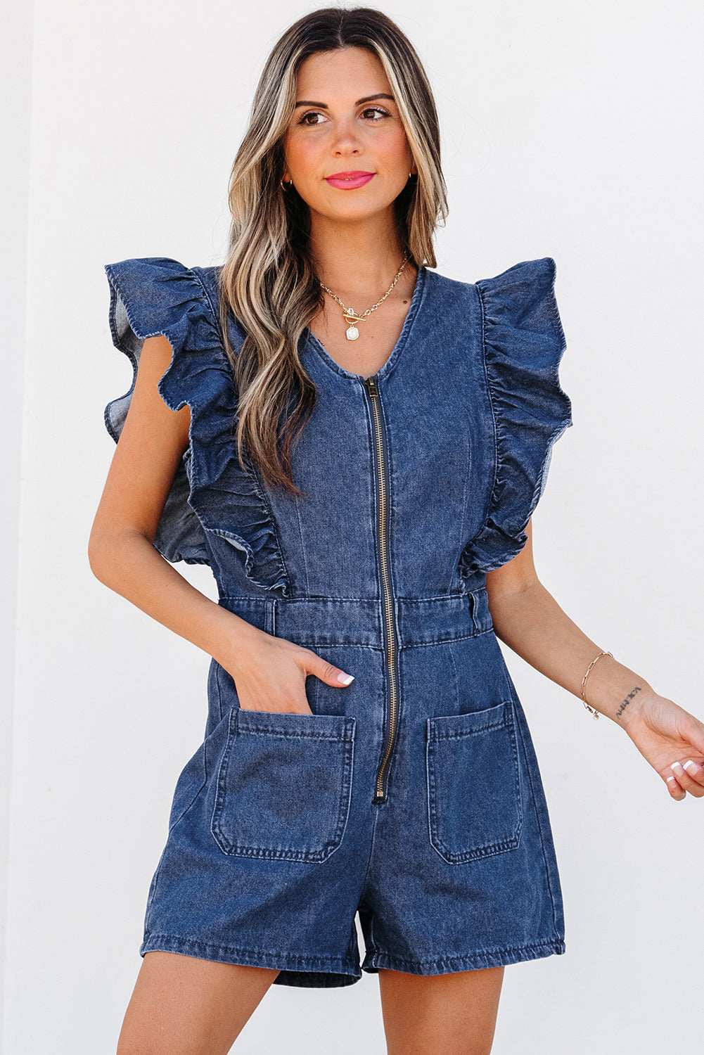 Sail Blue Denim Ruffled Zipped Front Belted Romper