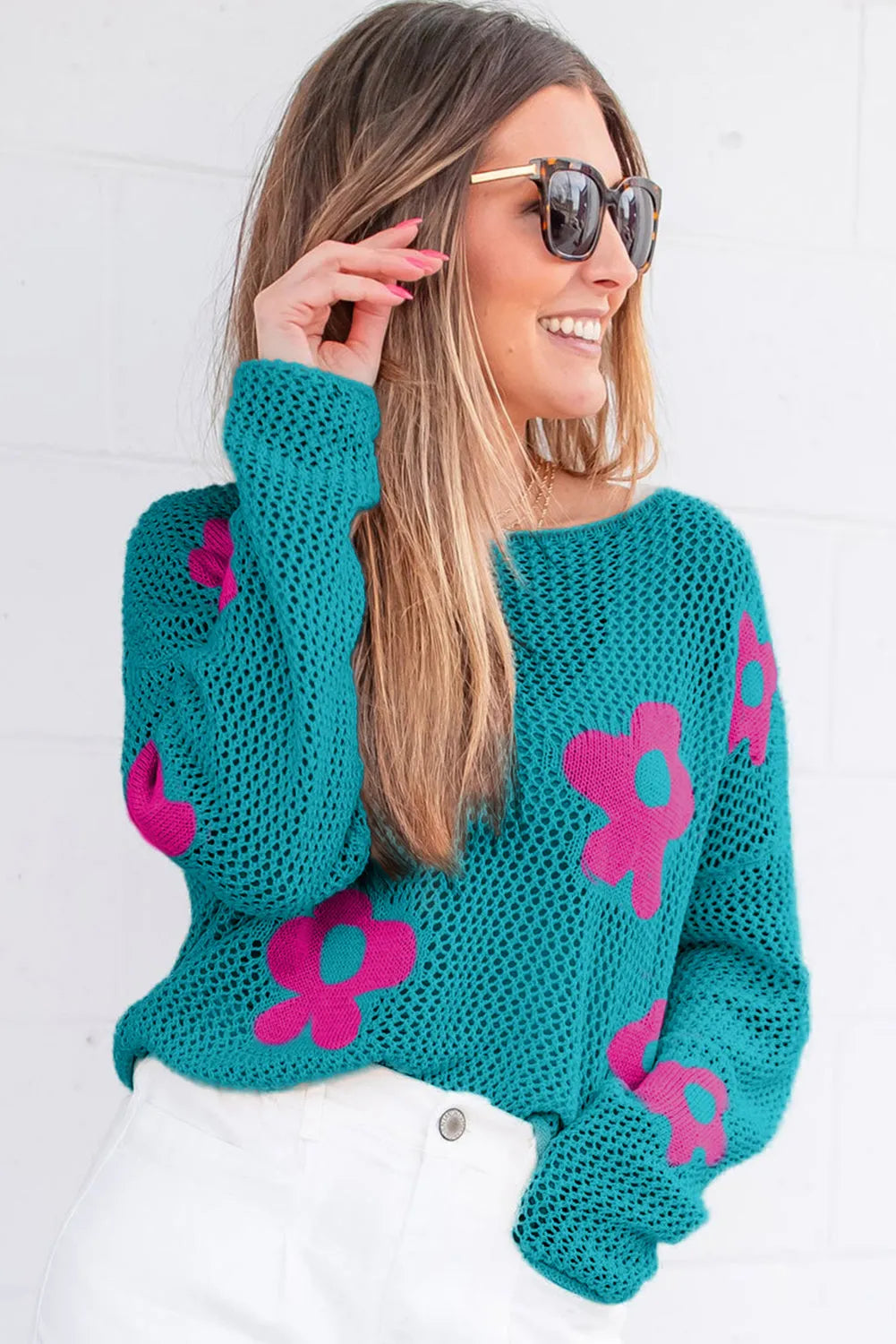 Sea Green Big Flower Hollowed Knit Drop Shoulder Sweater - Chic Meadow Boutique 