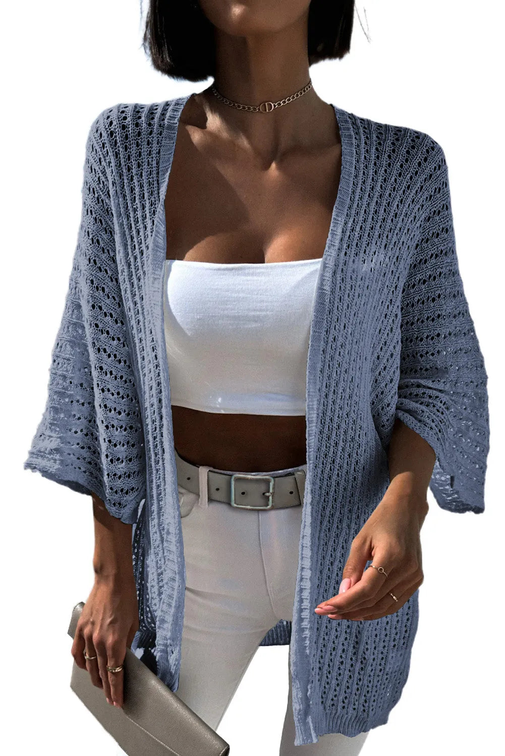 Sky Blue Hollow-out Knit Kimono Lightweight Cardigan - Chic Meadow Boutique 