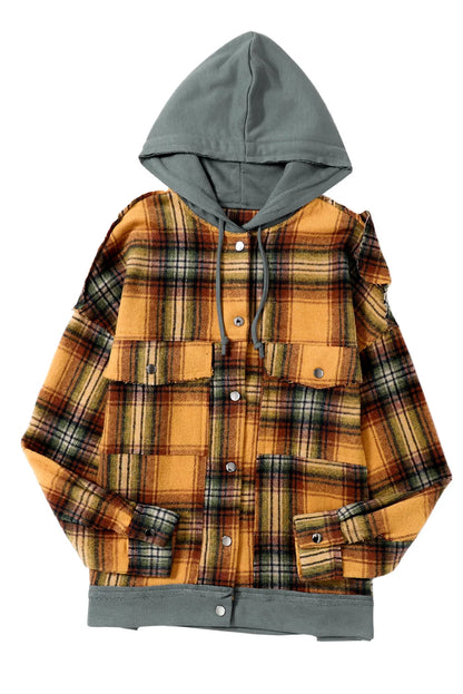 Orange Plaid Patch Hooded Frayed Snap Button Jacket - Chic Meadow Boutique 