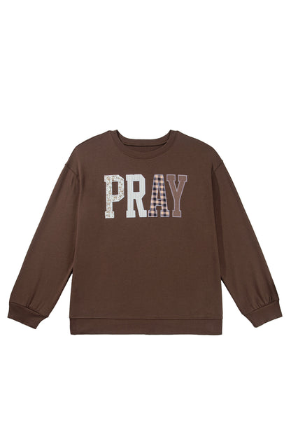 Coffee PRAY Letter Patchwork Round Neck Long Sleeve Plus Size Sweatshirt