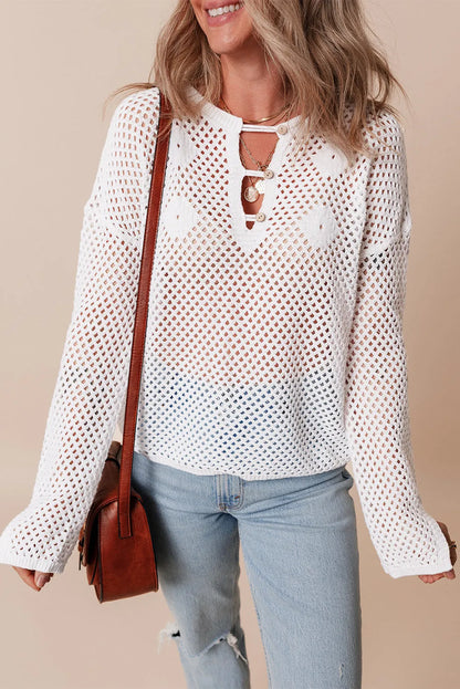 White Open Knit Buttoned Neck Split Sleeve Sweater - Chic Meadow Boutique 