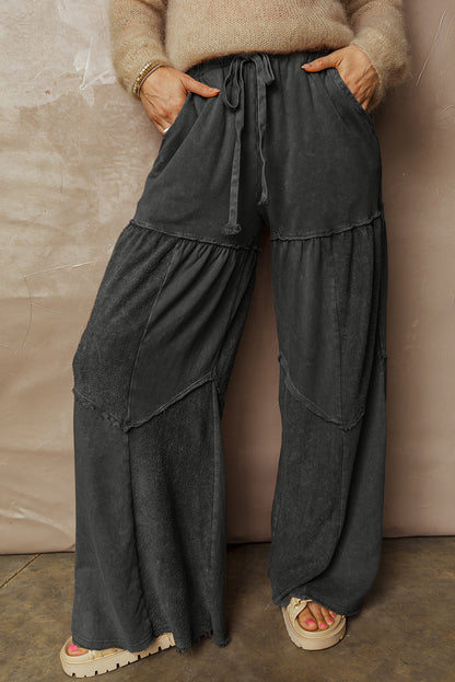 Black Mineral Wash Tiered Wide Leg Patchwork Drawstring Pants