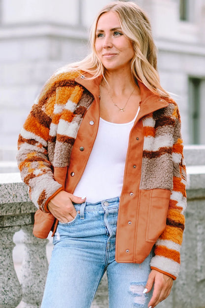 Brown Quilted Patch Pockets Aztec Furry Jacket - Chic Meadow Boutique 