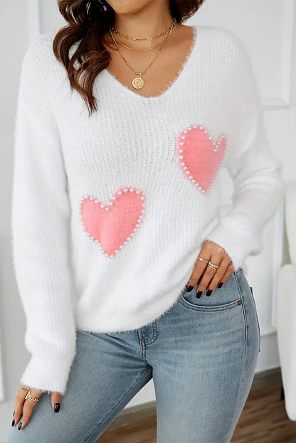 White Pearl Beaded Heart Pattern Fuzzy V Neck Sweater