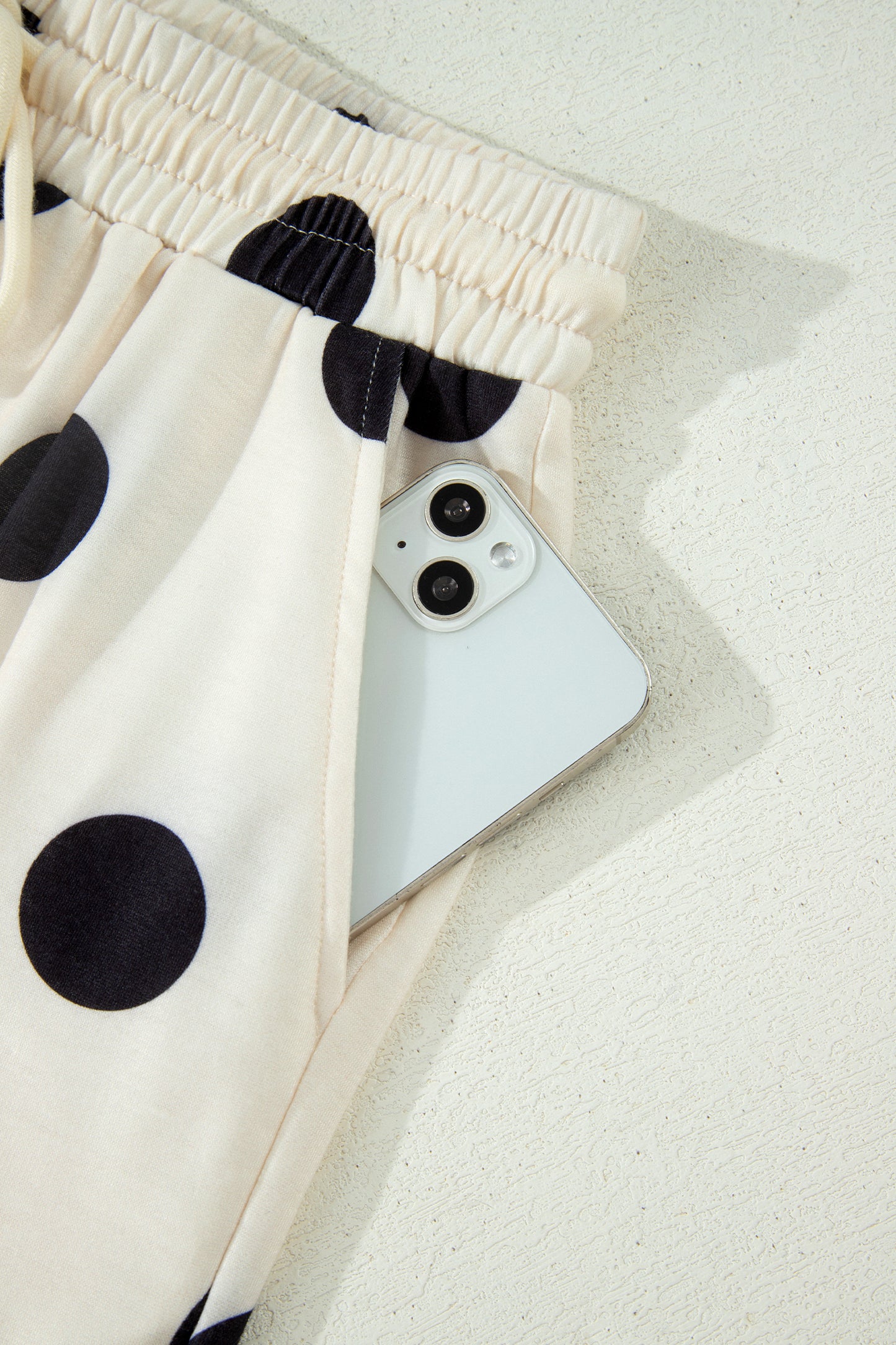 Beige Polka Dot Print V Neck Tee Short Set