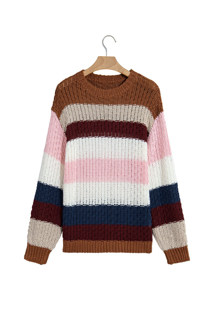 Multicolour Striped Knit Dropped Shoulder Round Neck Pullover Sweater