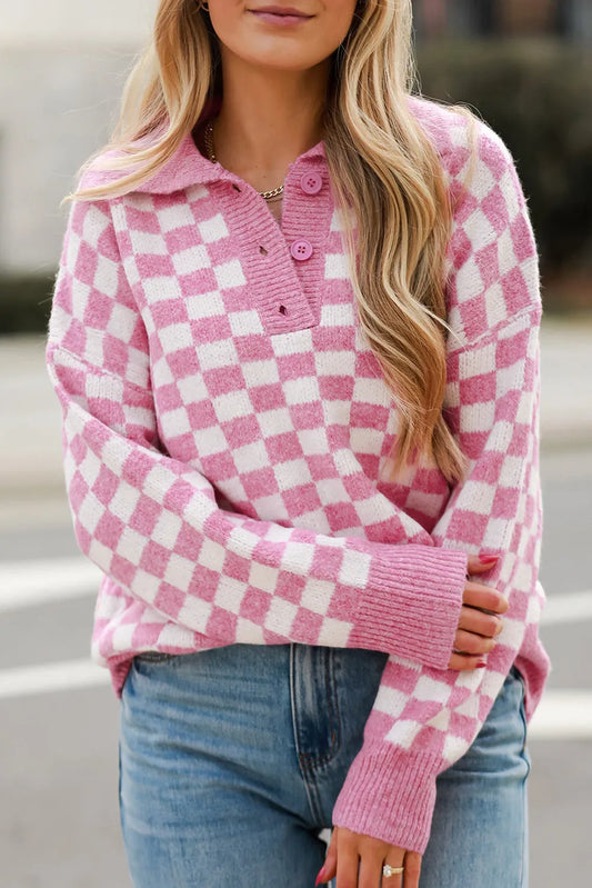 Pink Checkered Buttons Collar V Neck Drop Shoulder Sweater - Chic Meadow Boutique 