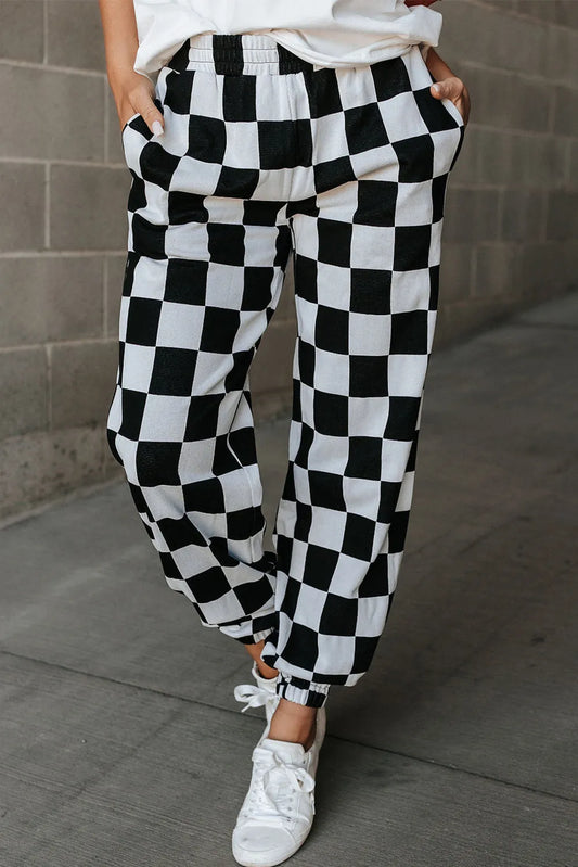 Black Checkerboard Elastic Waist Pocketed Joggers - Chic Meadow Boutique 