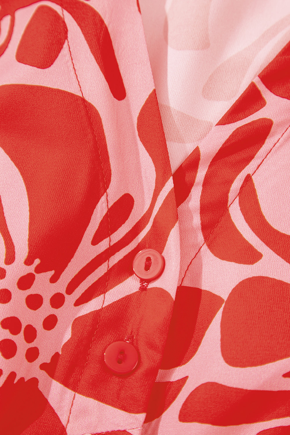 Red Boho Floral Short Sleeve V Neck Buttoned Shirred Waist Long Dress