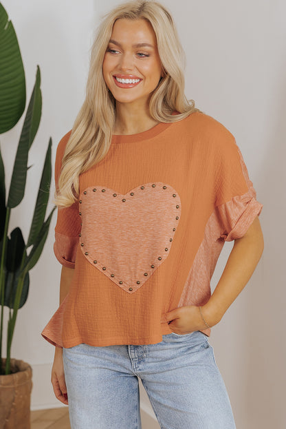 Desert Gold Stud Heart Patch Textured Front Dolman Top