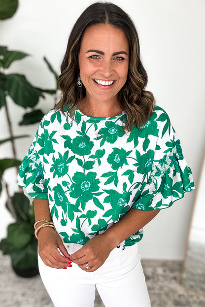 Green Floral Printed Ruffled Short Sleeve Round Neck Loose Blouse