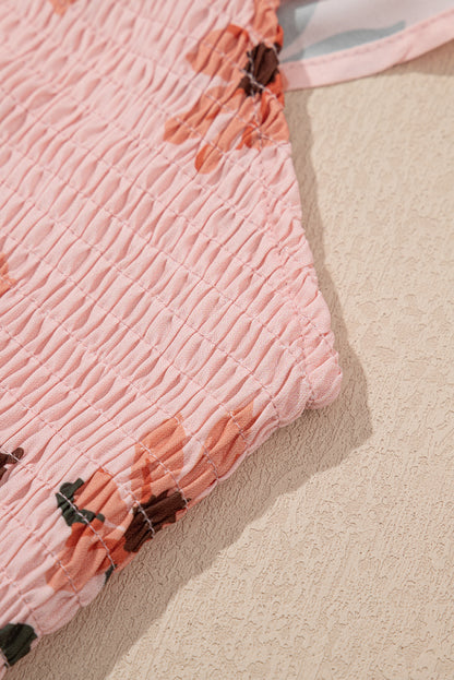 Pink Floral V Neck Smocked High Waist Ruffle Hem Long Dress