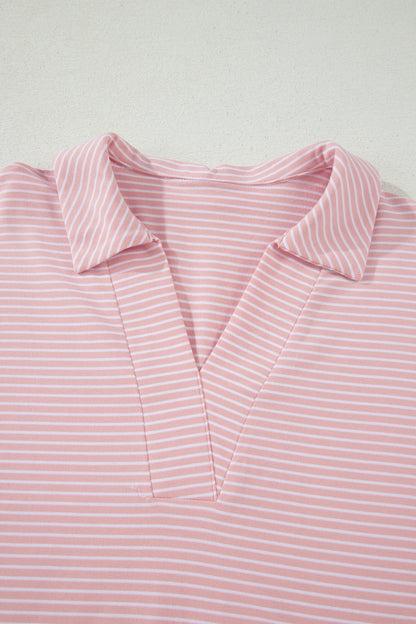 Pink Stripe Dolman Sleeve Polo Shirt and Drawstring Shorts Set