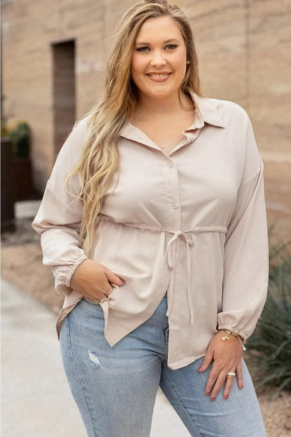 Plus Size/Plus Size Tops/Plus Size Blouses & Shirts Flaxen / 1X / 100%Polyester Light French Beige Plus Size Puff Sleeve Tied Tunic Shirt