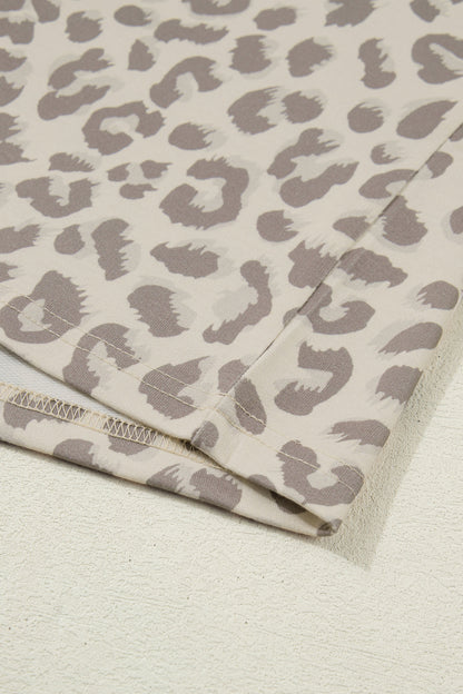 Khaki V Neck Collar Leopard Printed 2pcs Short Set