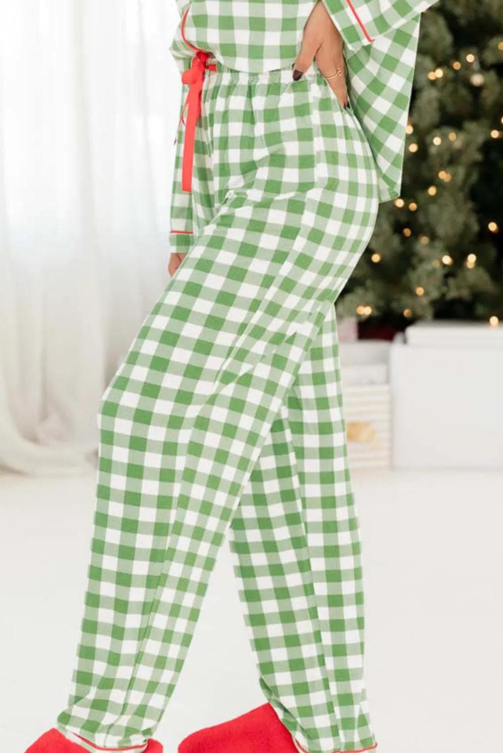 Loungewear & Sleepwear/Sleepwear Light Green Christmas Plaid Print Shirt and Pants Pajama Set