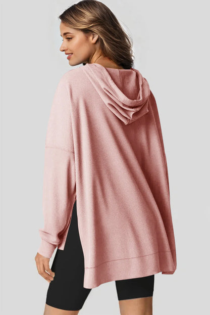 Light Pink Waffle Knit Fleece Lined High Low Oversized Hoodie - Chic Meadow Boutique 