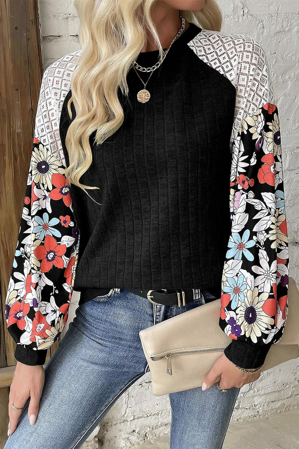 Black Floral Patchwork Long Sleeve Ribbed Blouse - Chic Meadow Boutique 