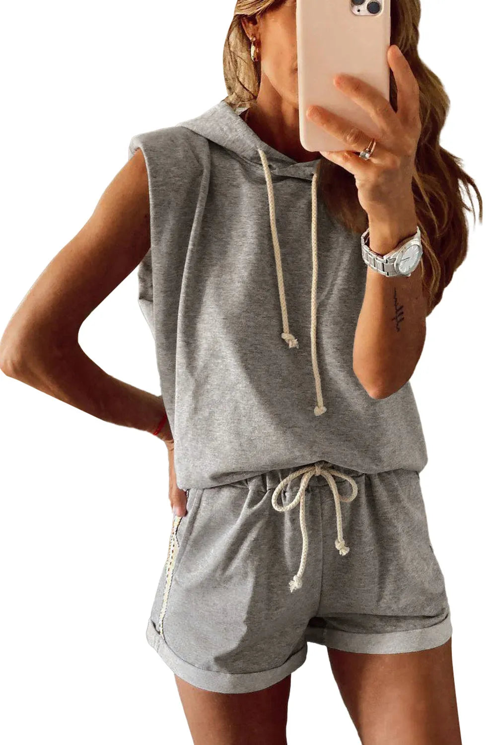 Gray Drawstring Sleeveless Hoodie and Shorts Set - Chic Meadow Boutique 