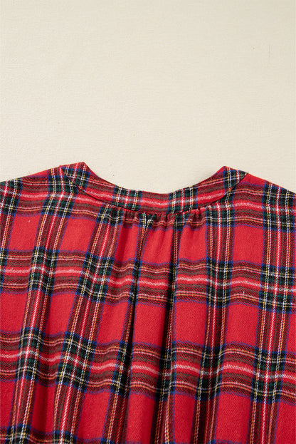 Red Christmas Plaid V Neck 3/4 Sleeve Tie Waist Ruffle Hem Long Dress