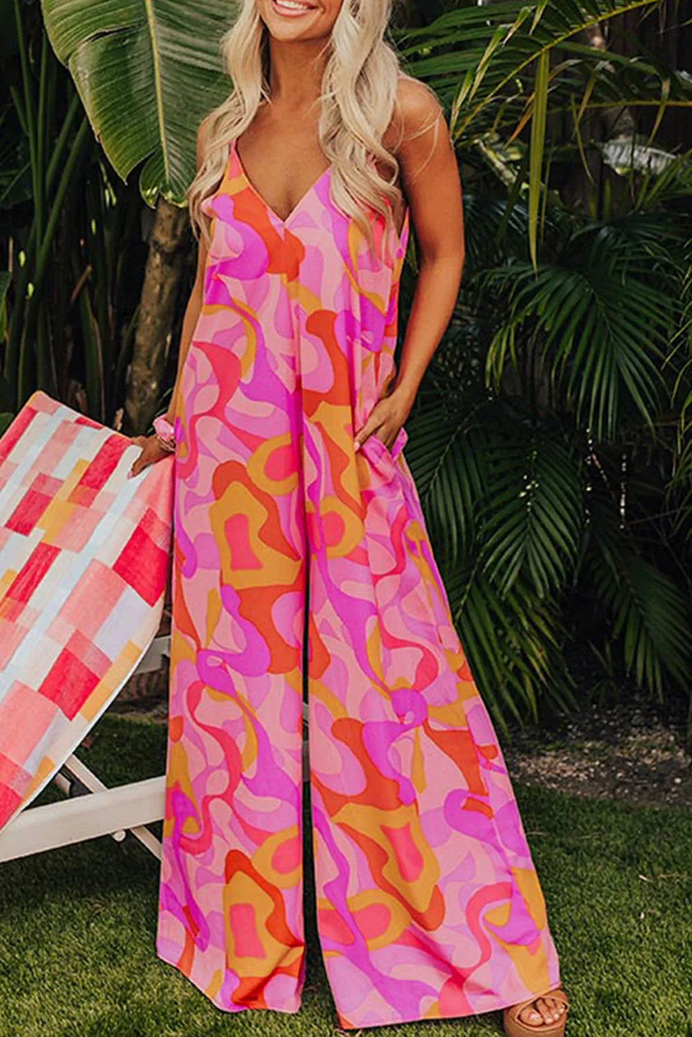 Bottoms/Jumpsuits & Rompers Pink / S / 100%Polyester Pink Boho Abstract Print V Neck Wide Leg Jumpsuit